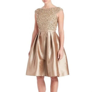 NWT Pamella Roland Vintage Champagne gold sequin embellished flare satin dress